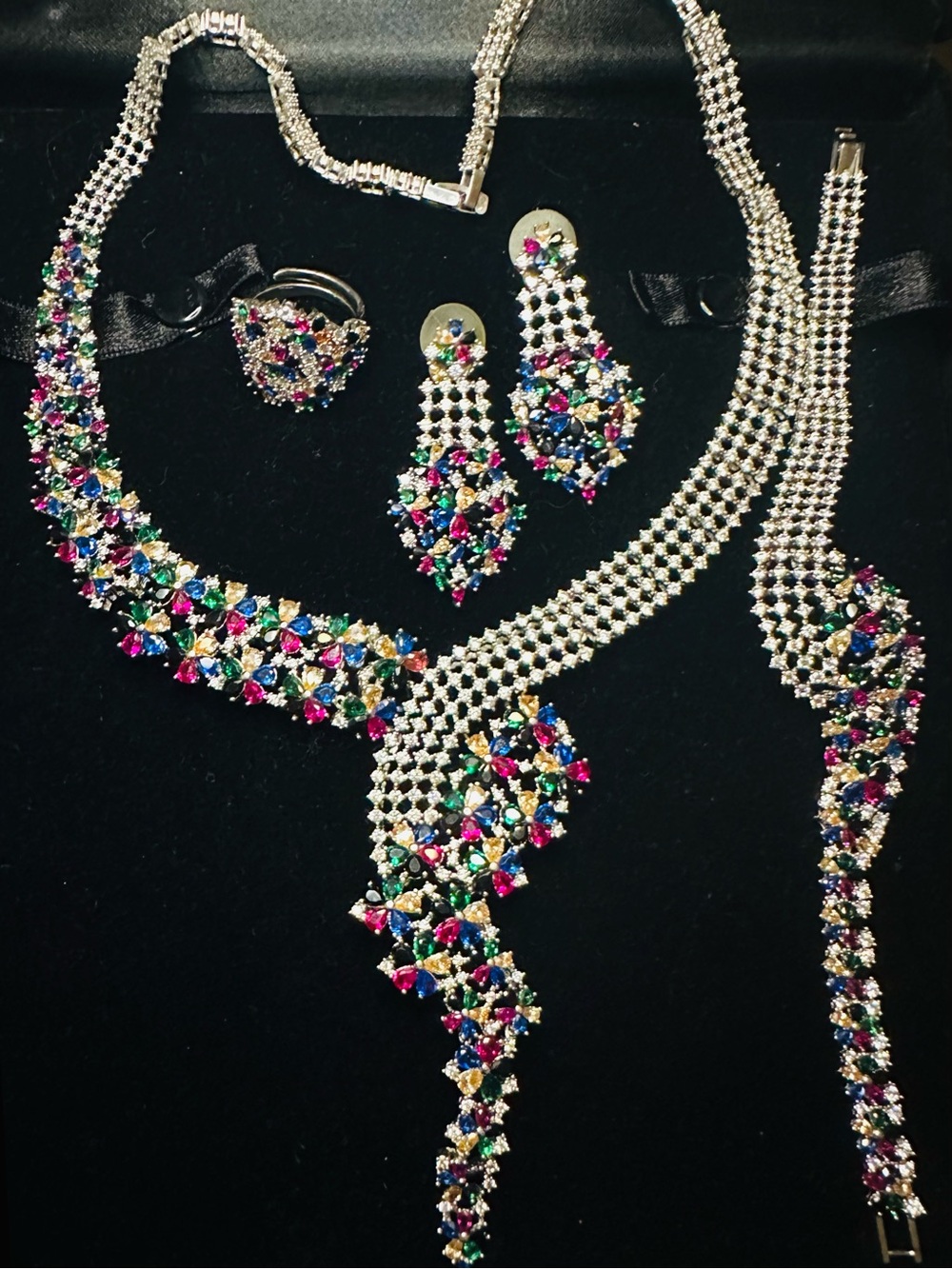 Multicolor Crystal Statement Necklace, Bracelet, Ring & Earring Set (Parure)